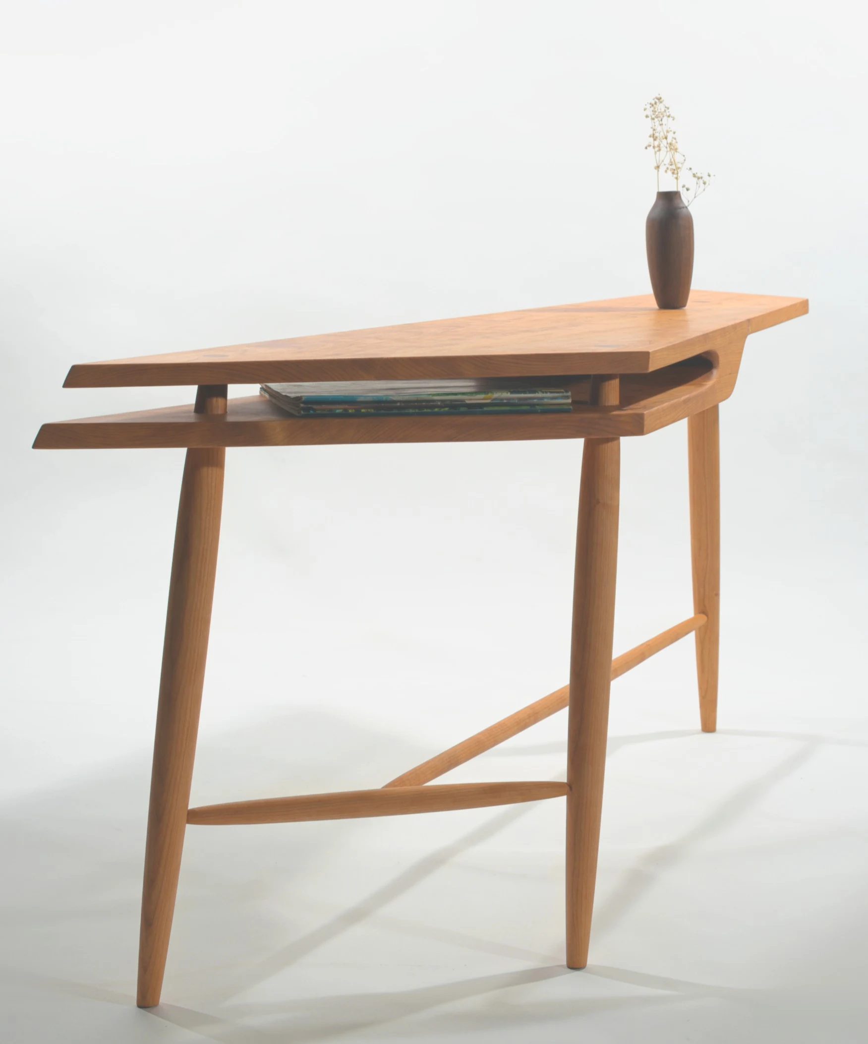 Cove Side Table, asymmetric double-layered design in black cherry